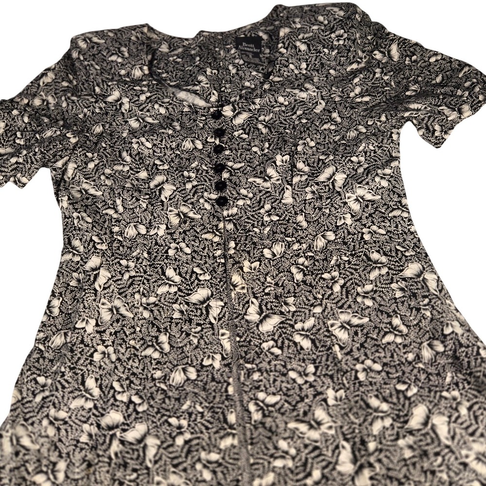 Vtg. Butterfly Print Midi Dress Black White Button Front Short Sleeve‎ RN 88416